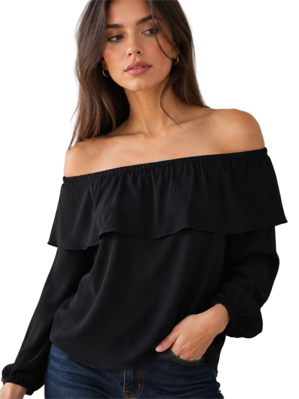 Aritzia Wilfred Morel Blouse Black Off Shoulder Ruffle Long Sleeve Top SZ Small